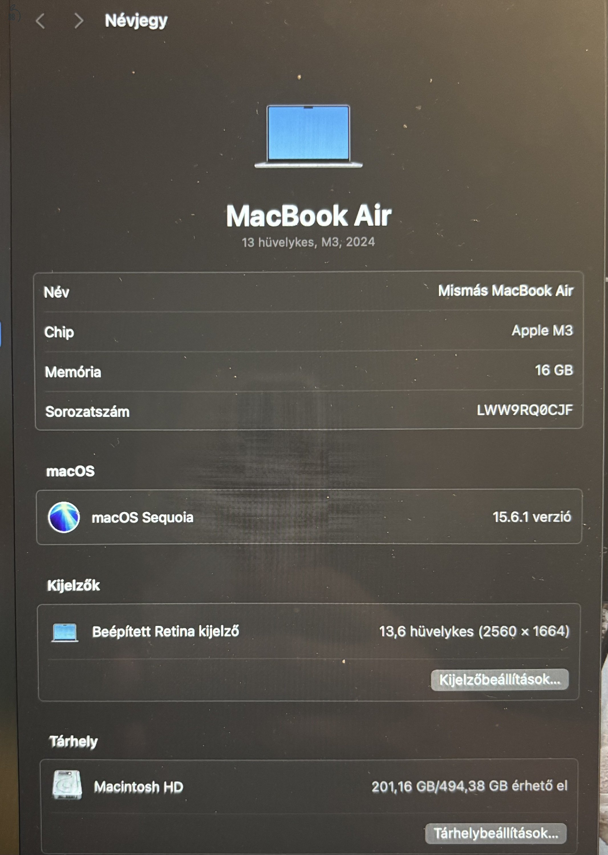 MacBook Air M3 (2024) 16Gb/512GB/HUN Újszerű