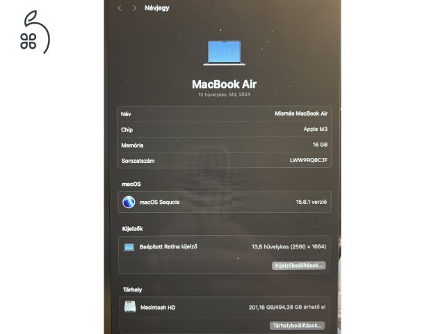 MacBook Air M3 (2024) 16Gb/512GB/HUN Újszerű