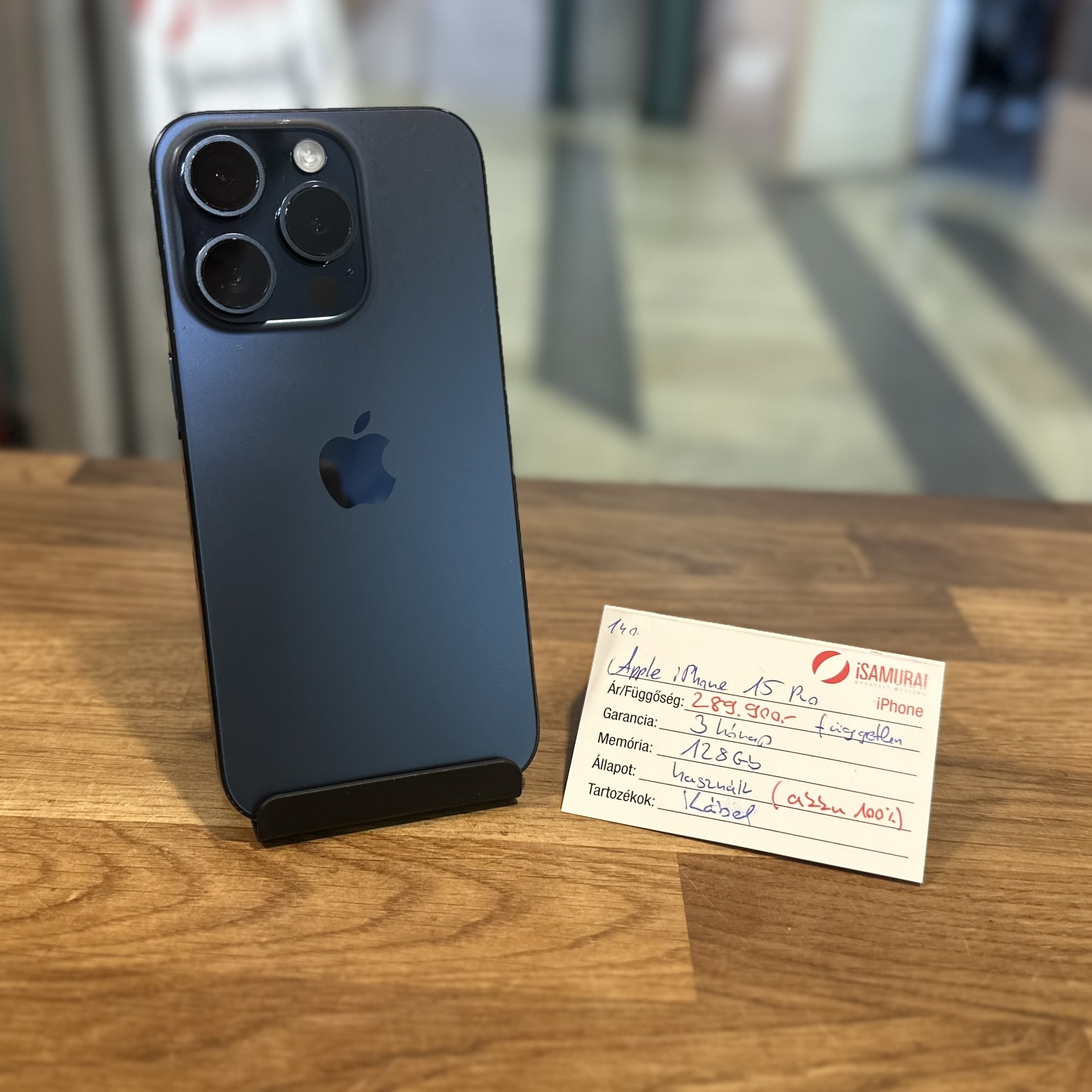 140. Apple iPhone 15 Pro - 128 GB - Kék Titán - Független-Új akku