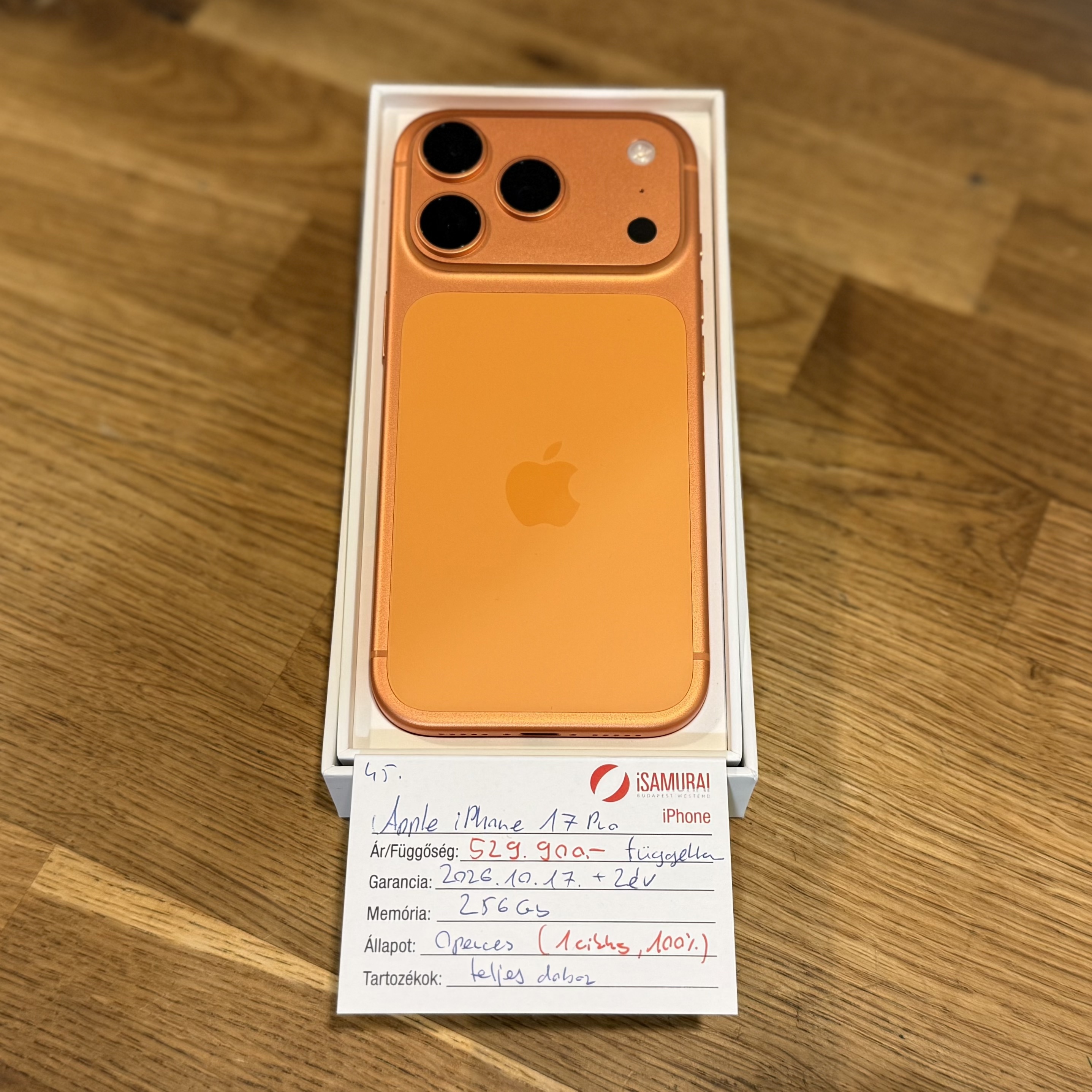 45. Apple iPhone 17 Pro - 256 GB - 0 perces - akku 100% - 1 ciklus - 3 év gar.