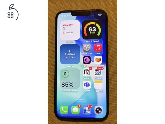 Újszerű fekete iPhone 14 128 GB eredeti kék Apple szilikon tokkal és zöld Nomad Sport tokkal