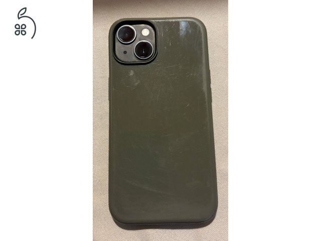 Újszerű fekete iPhone 14 128 GB eredeti kék Apple szilikon tokkal és zöld Nomad Sport tokkal