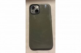 Újszerű fekete iPhone 14 128 GB eredeti kék Apple szilikon tokkal és zöld Nomad Sport tokkal