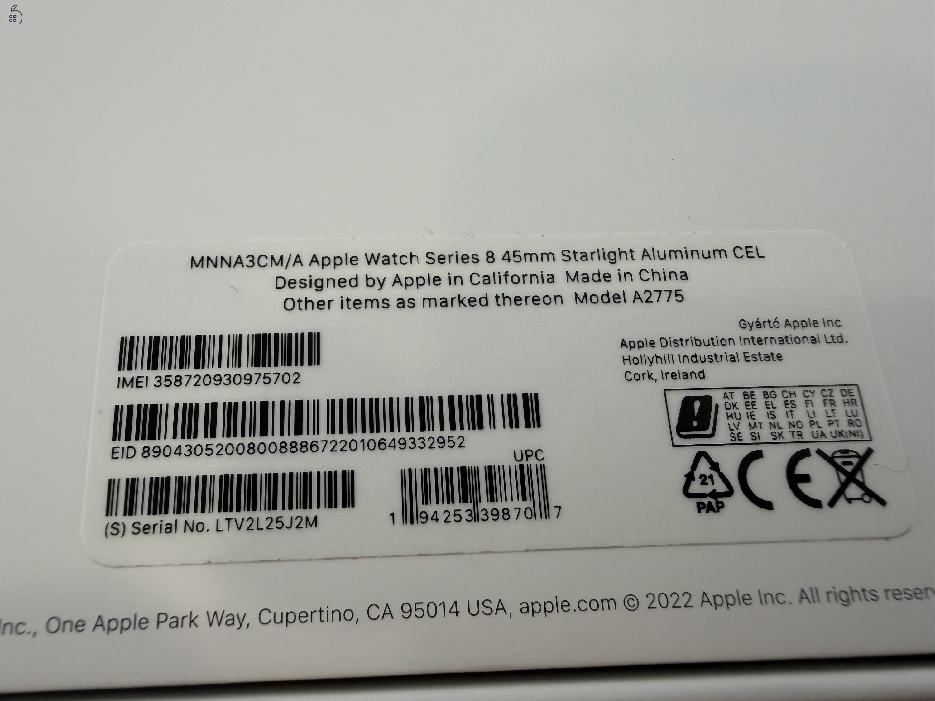 Apple Watch 8 45mm Aluminium Cellular Használt/1-3 hónap gar./Akku 91%/p4495