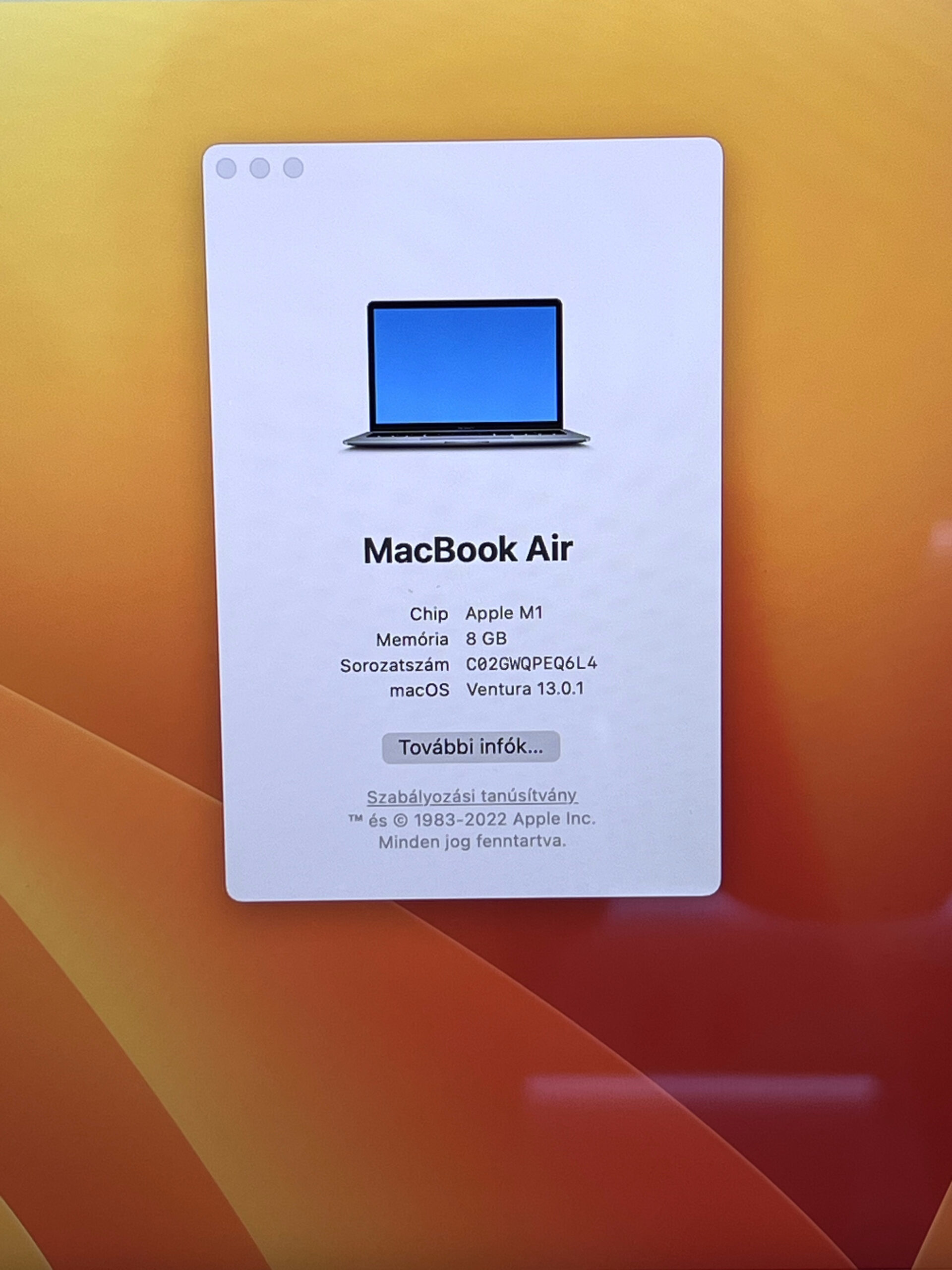 Hibátlan MacBook Air M1 2020 13”256GB 8GB 2 ÉV Garanciával Számlával