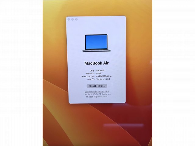 Hibátlan MacBook Air M1 2020 13”256GB 8GB 2 ÉV Garanciával Számlával