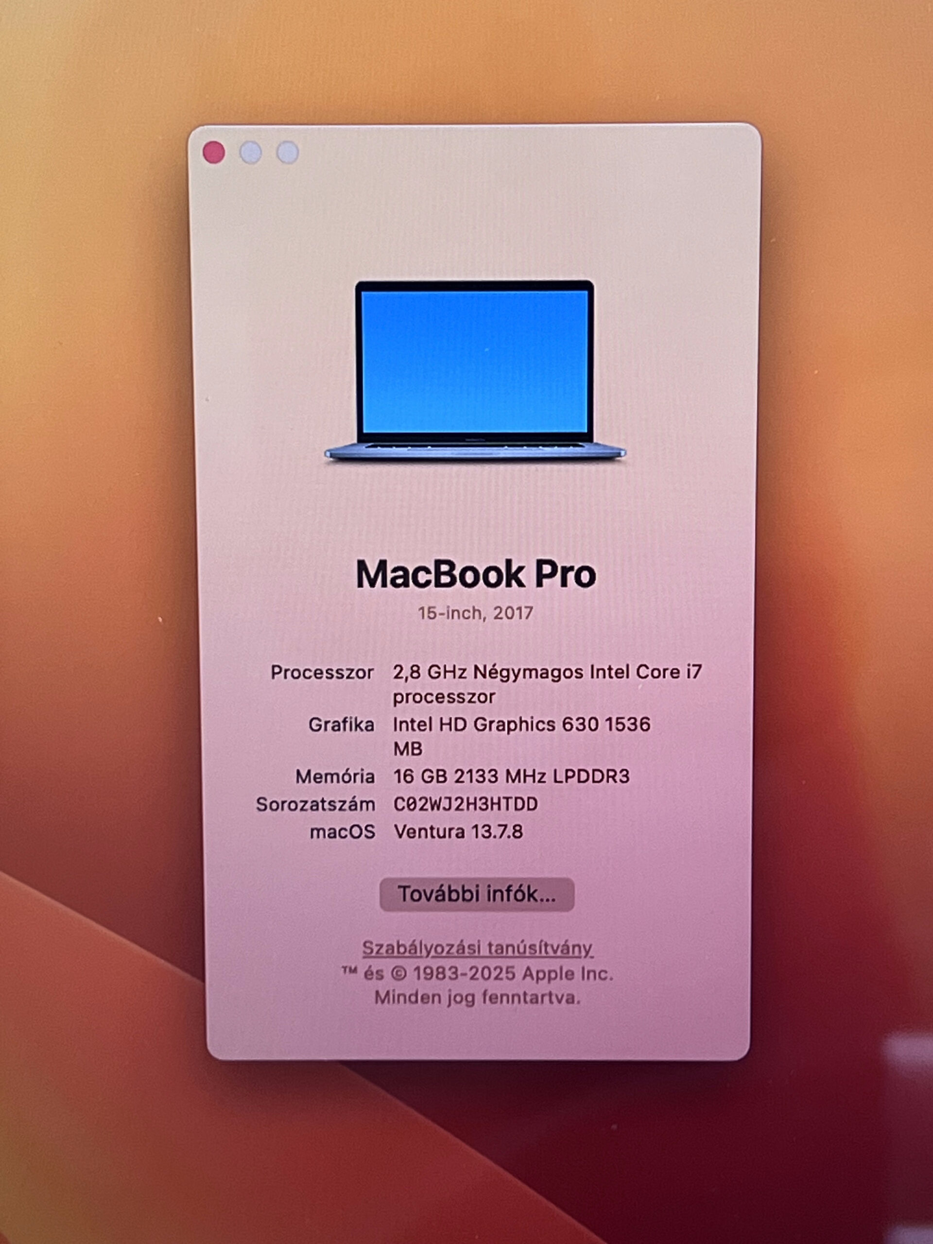 Hibátlan MacBook Pro 2017 15” i7  256GB 2 ÉV Garanciával Számlával