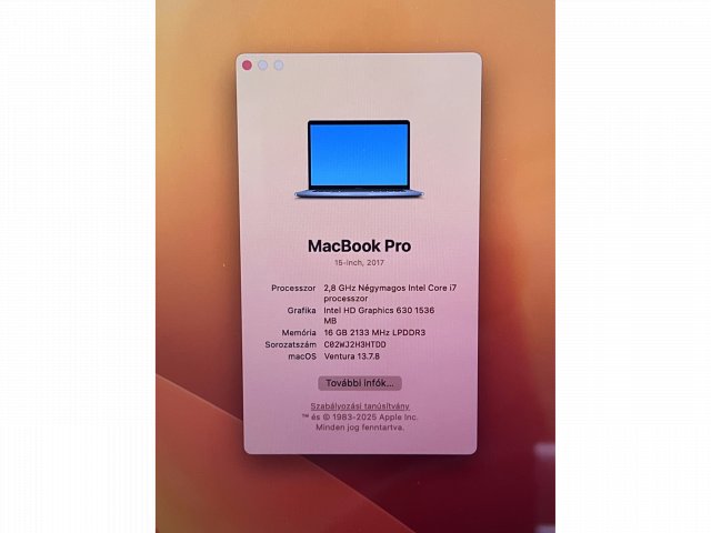 Hibátlan MacBook Pro 2017 15” i7  256GB 2 ÉV Garanciával Számlával
