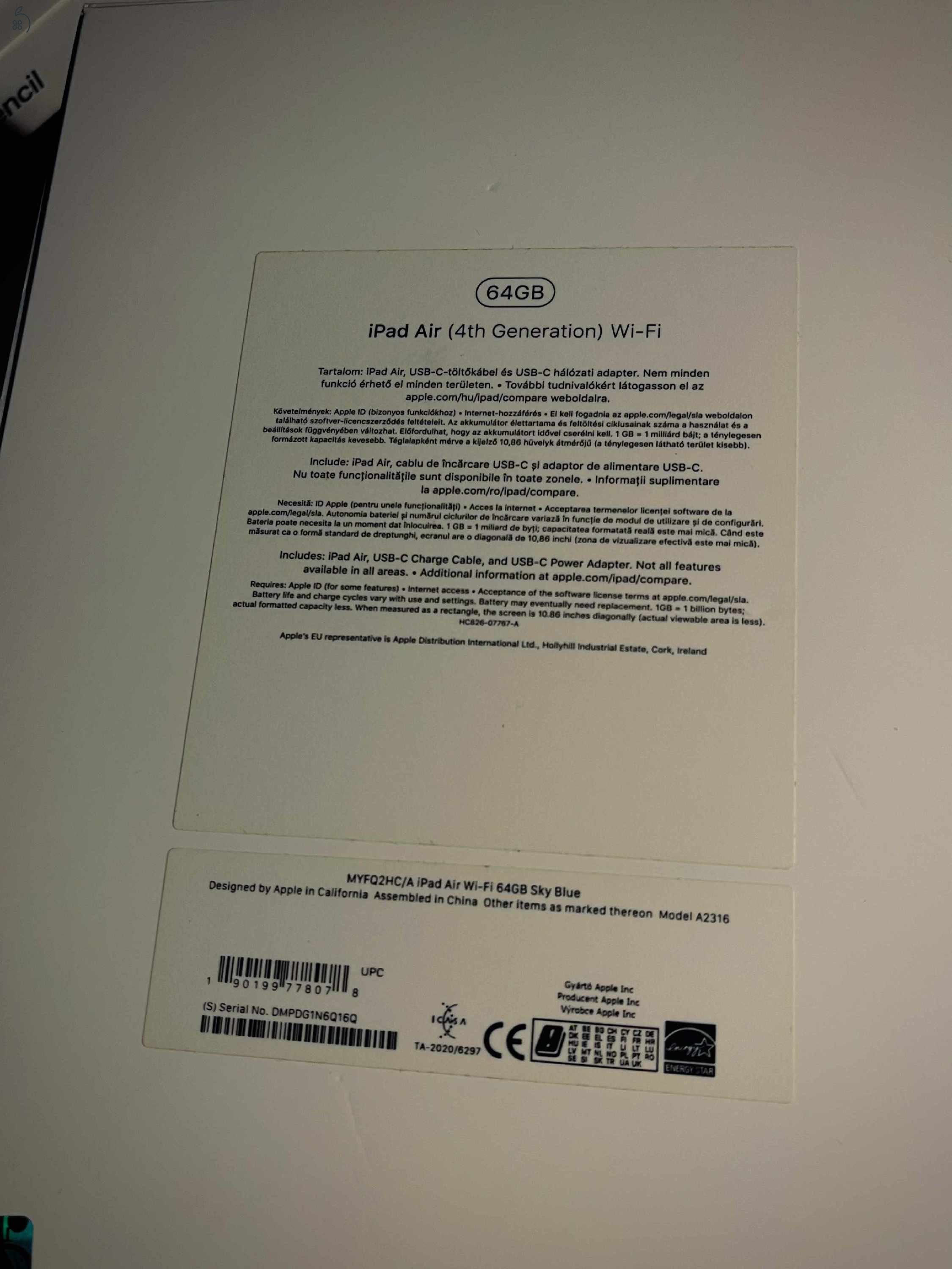 Eladó IPad Air 4, 64GB, Wifi, Sky Blue újszerű állapotban, Pencillel, billentyűzettel.