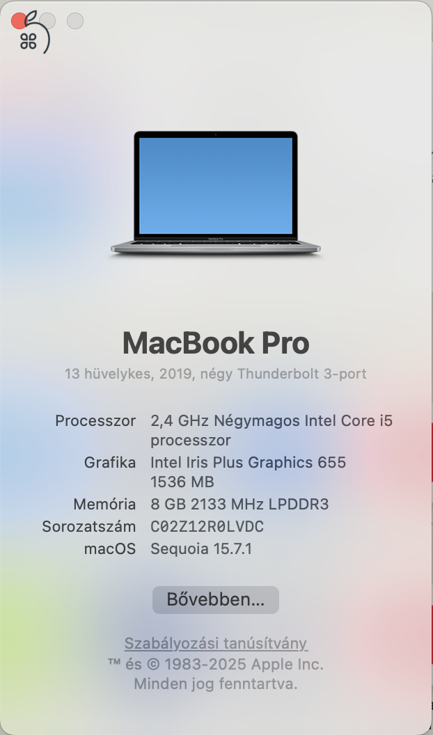 Eladó Macbook Pro mid-2019 i5 8GB RAM 256 GB tárhely 4 thunderbolt