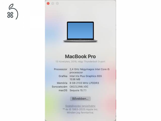 Eladó Macbook Pro mid-2019 i5 8GB RAM 256 GB tárhely 4 thunderbolt