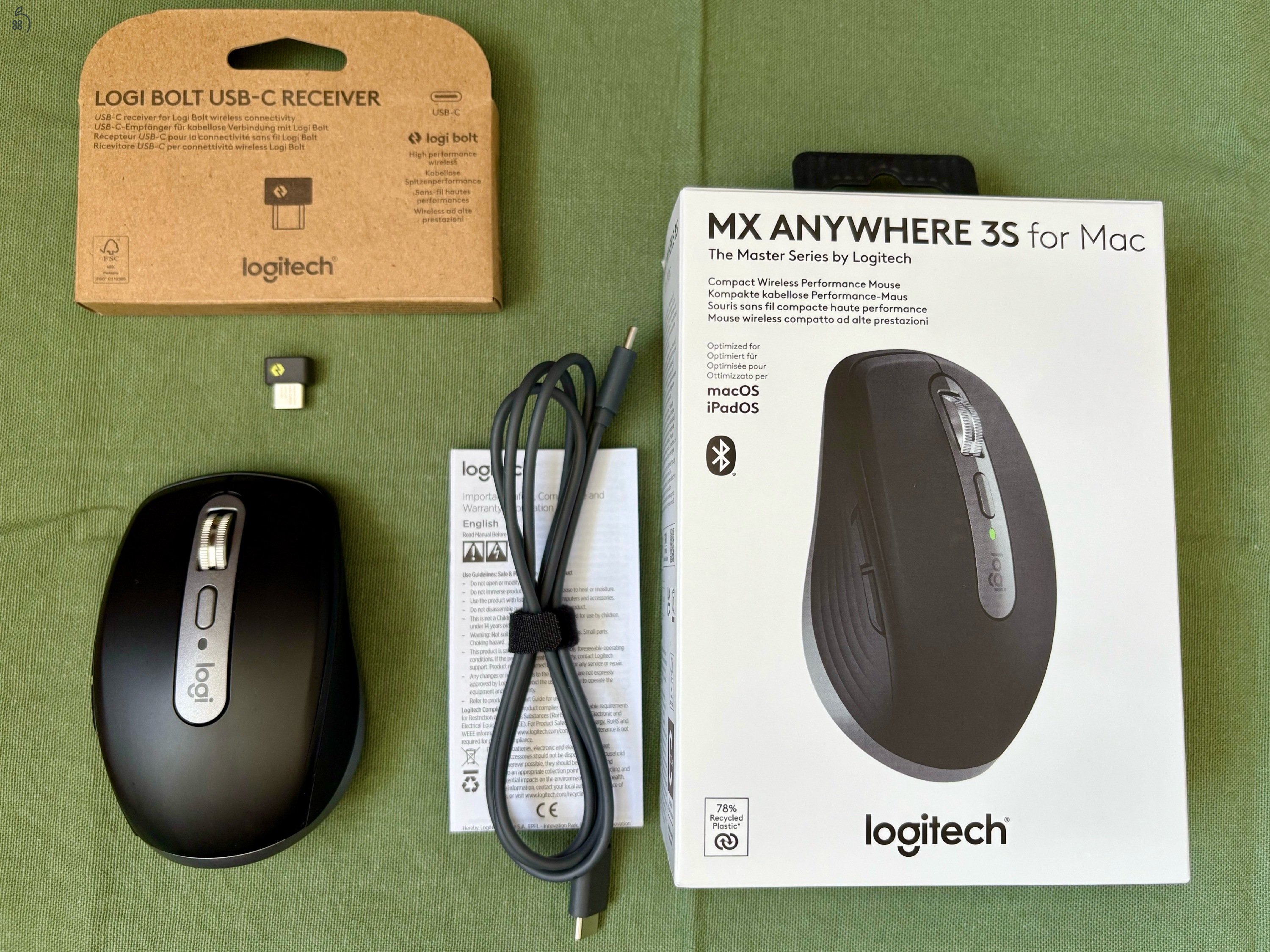 Logitech MX Anywhere 3S for Mac + Logi Bolt USB-C vevőegység (8 hónap garancia, eredeti doboz)