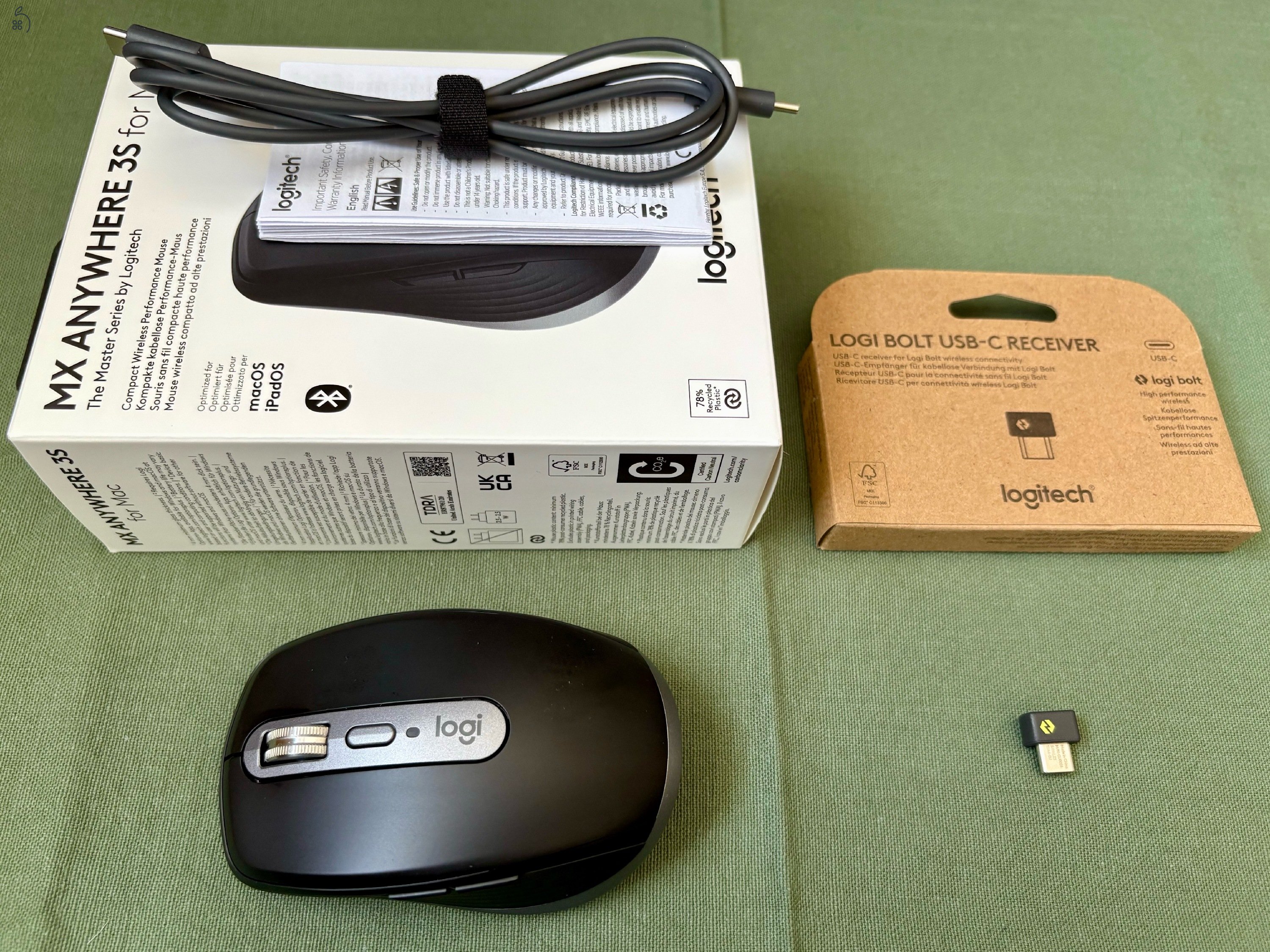 Logitech MX Anywhere 3S for Mac + Logi Bolt USB-C vevőegység (8 hónap garancia, eredeti doboz)
