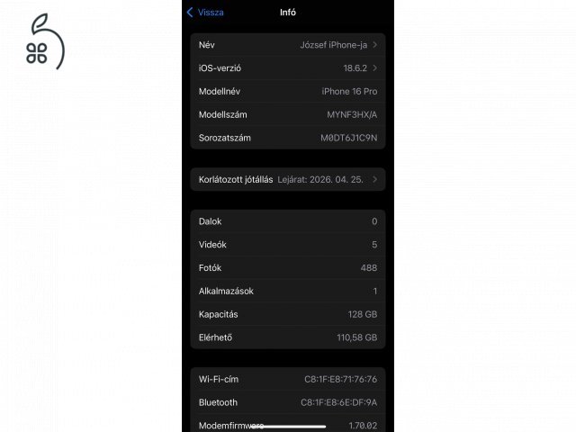 Eladó iPhone 16 pro 128 GB-kitűnő állapotban