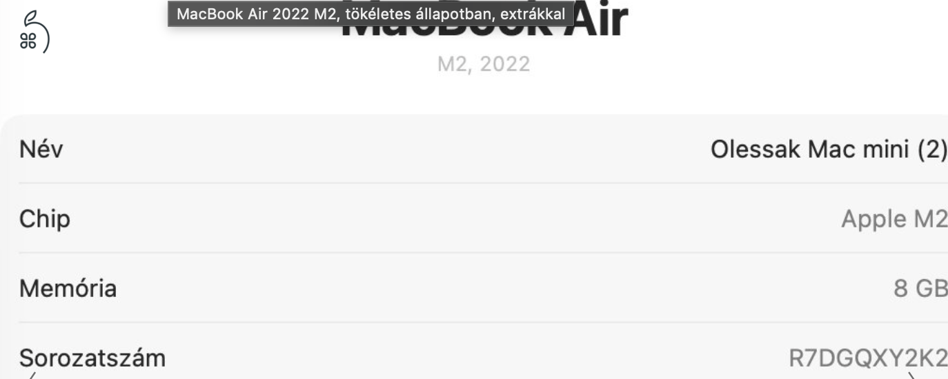 MacBook Air 2022 M2, tökéletes állapotban, extrákkal