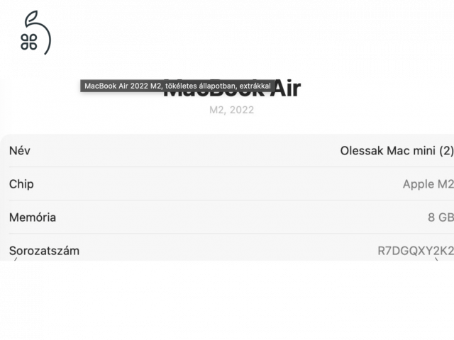 MacBook Air 2022 M2, tökéletes állapotban, extrákkal