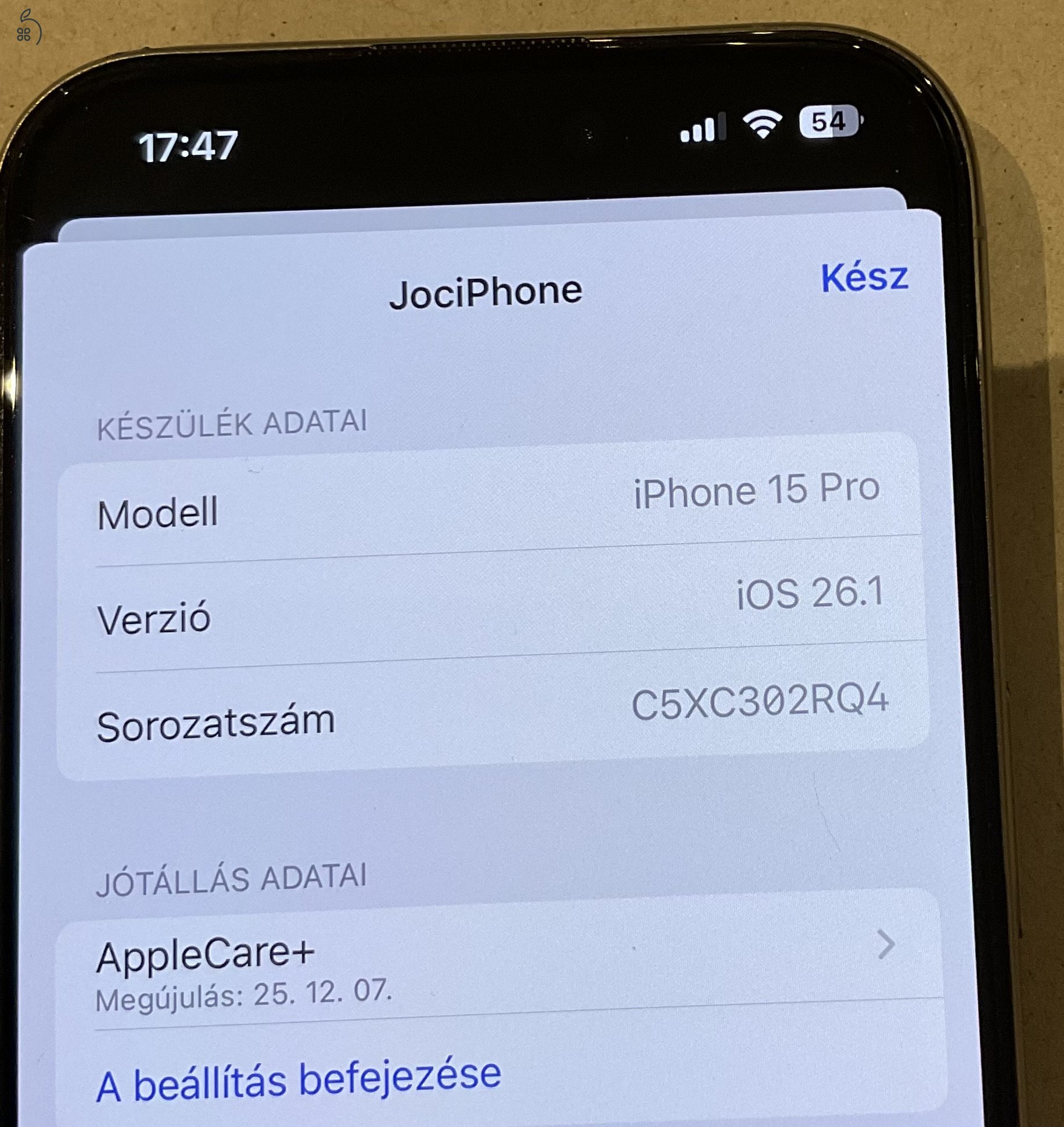 Iphone 15 pro 128 GB, natúr titán, Apple care +, 94 % akkumulátor 