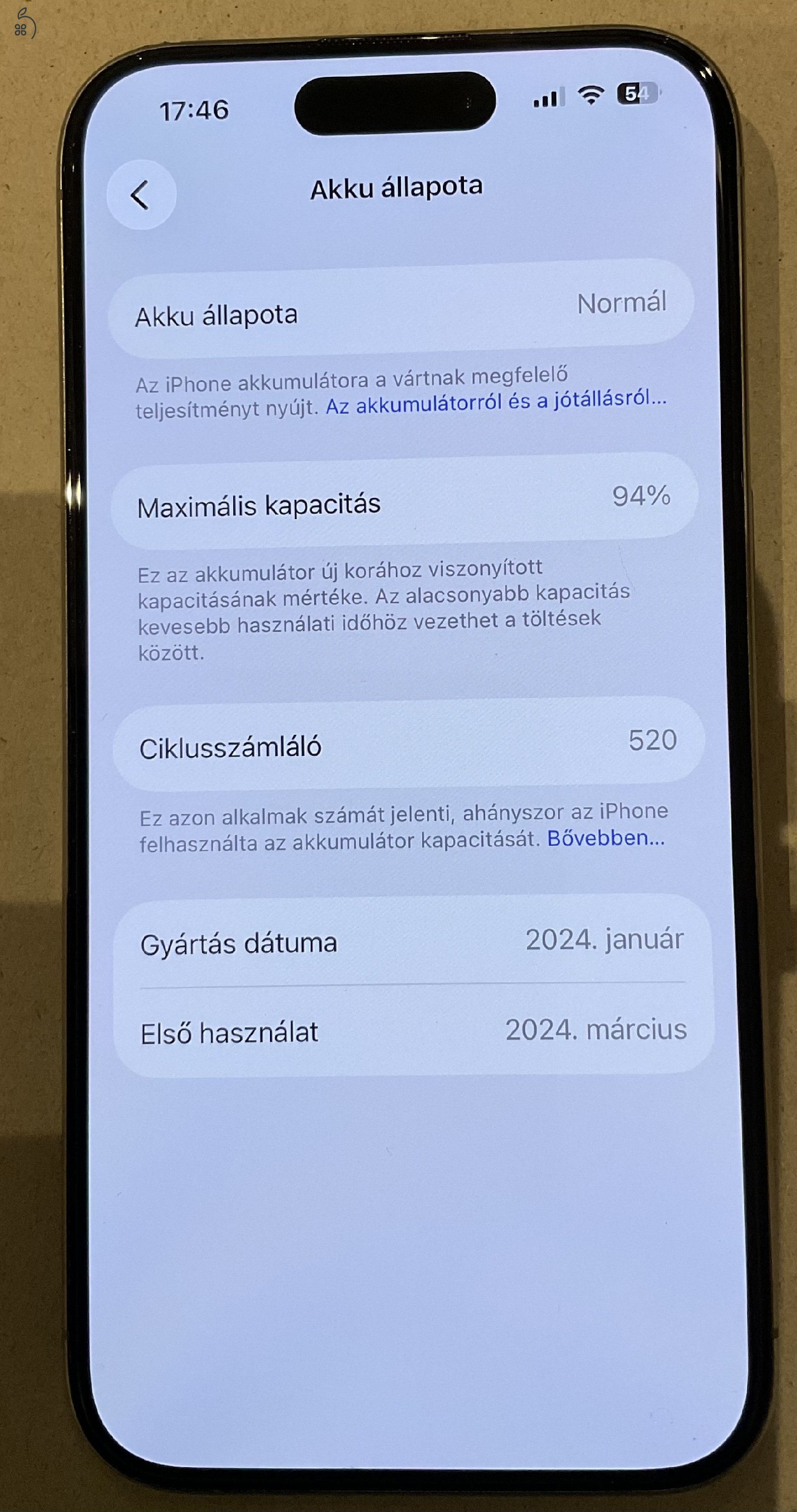 Iphone 15 pro 128 GB, natúr titán, Apple care +, 94 % akkumulátor 
