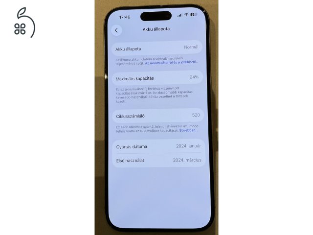 Iphone 15 pro 128 GB, natúr titán, Apple care +, 94 % akkumulátor 