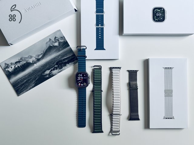 Apple Watch Ultra 3 - 3 év garancia - 4 gyári szíj - Milanese Loop titán - 3 hetes