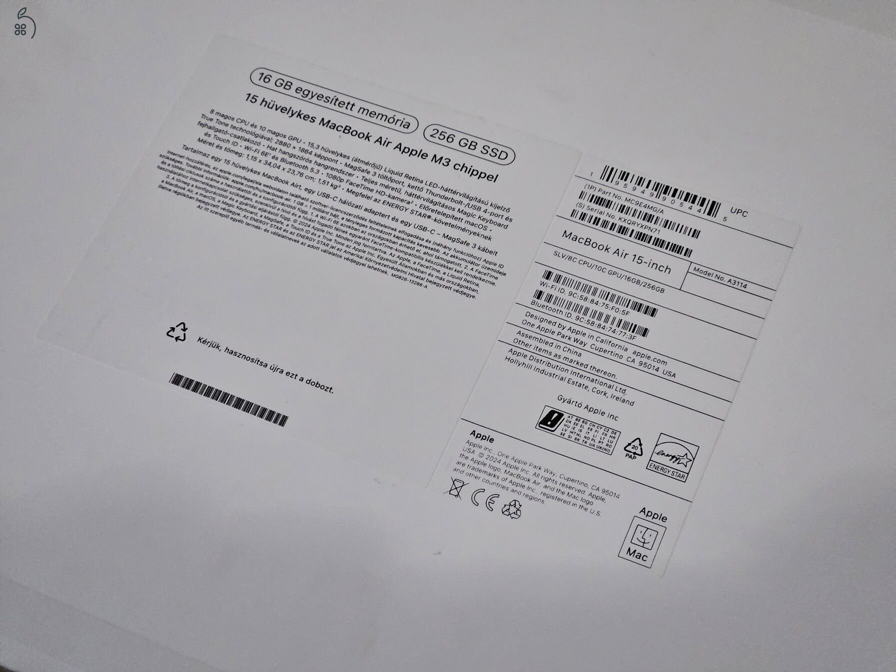 apple macbook air m3 15 hüvelyk