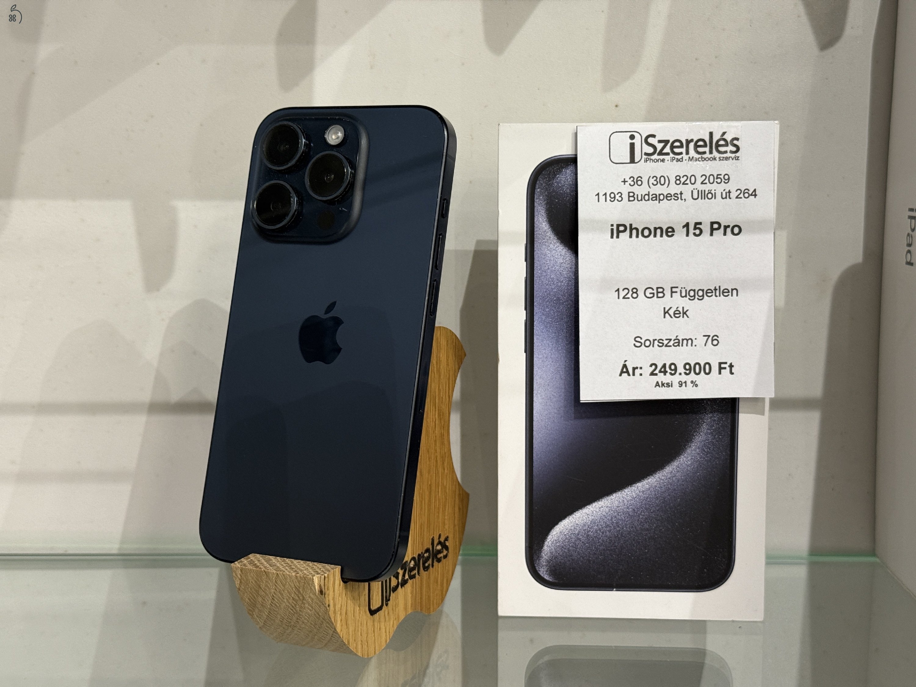 iPhone 15 pro 128GB független kék titán akku 91% garanciával (76) iSzerelés.hu