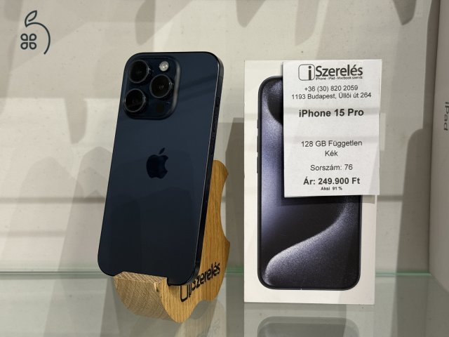 iPhone 15 pro 128GB független kék titán akku 91% garanciával (76) iSzerelés.hu