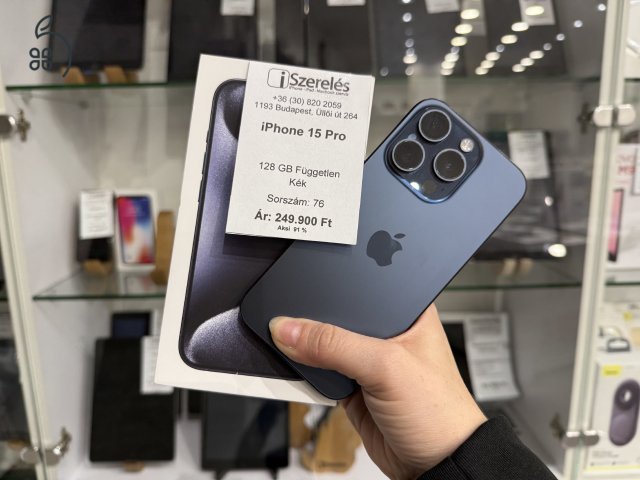 iPhone 15 pro 128GB független kék titán akku 91% garanciával (76) iSzerelés.hu