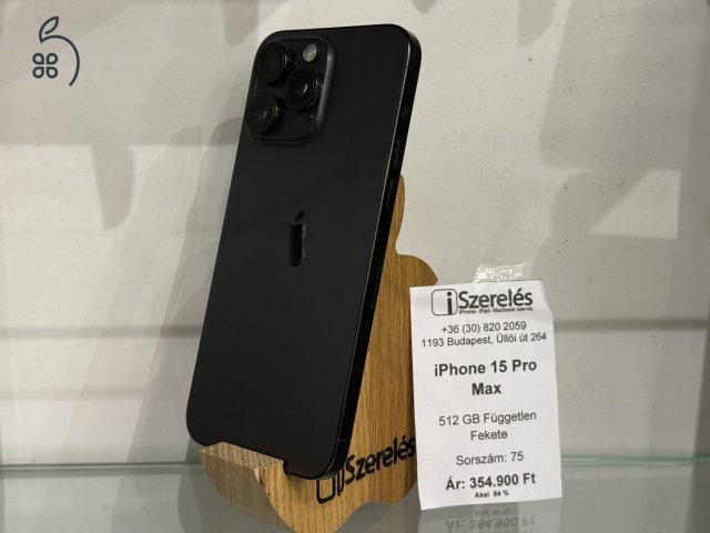 iPhone 15 Pro Max 512 GB független fekete titán JÓTÁLLÁSSAL 84% (75) iSzerelés.hu