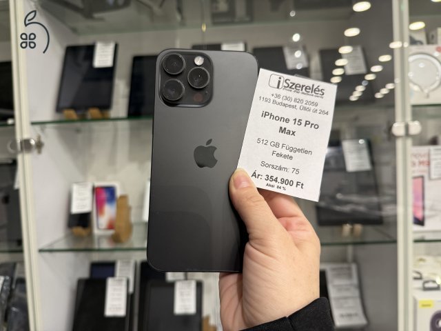iPhone 15 Pro Max 512 GB független fekete titán JÓTÁLLÁSSAL 84% (75) iSzerelés.hu