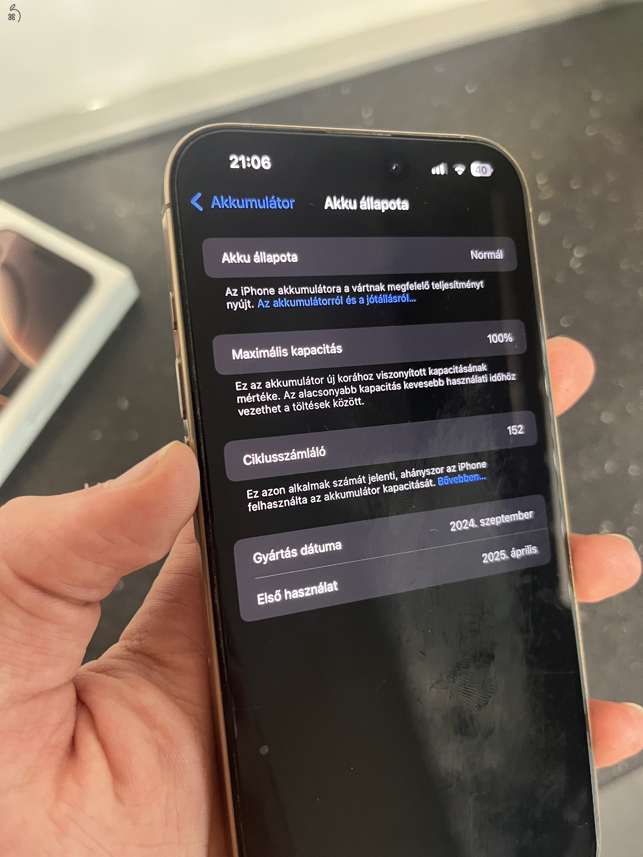 Eladó iphone 16 pro max, sivatagszínű, 256gb, 100%os akkumulátor, számla, 2026 ápr. ig garancia, kártyafüggetlen.