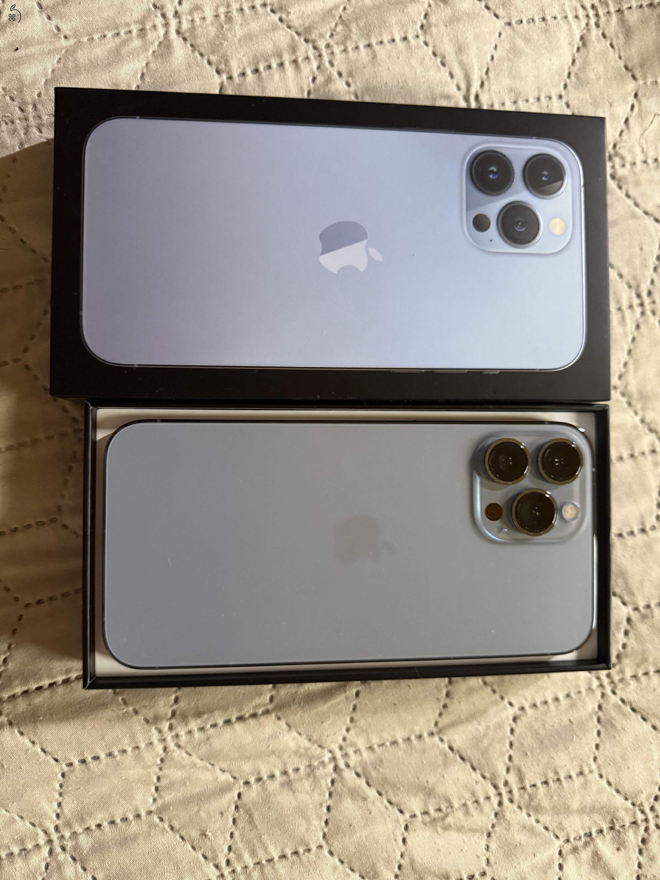 ELADÓ újszerű (fóliázott, tokban tartott) iPhone 130 pro max, sierra blue, 128Gb