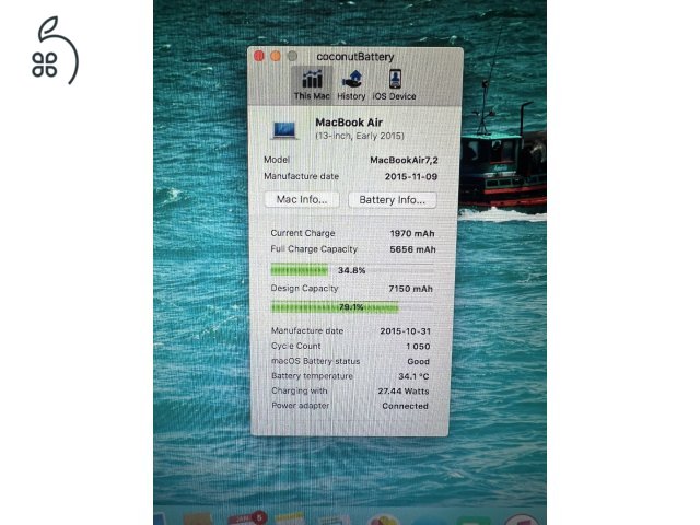 Apple Macbook Air i5 4GB/ 128 GB Ezüst Billentyűzetvilágítás