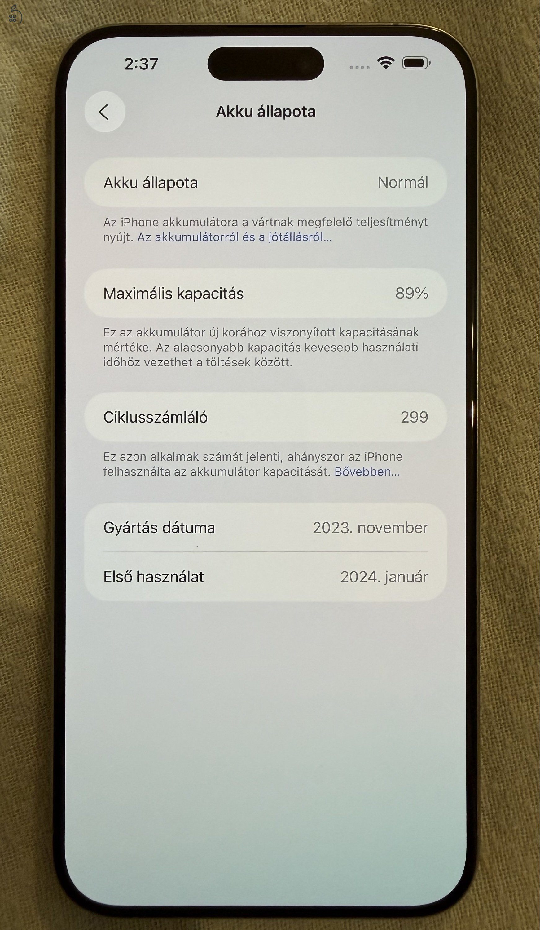 iPhone 15 Pro Max 256GB Natural Titan hibátlan