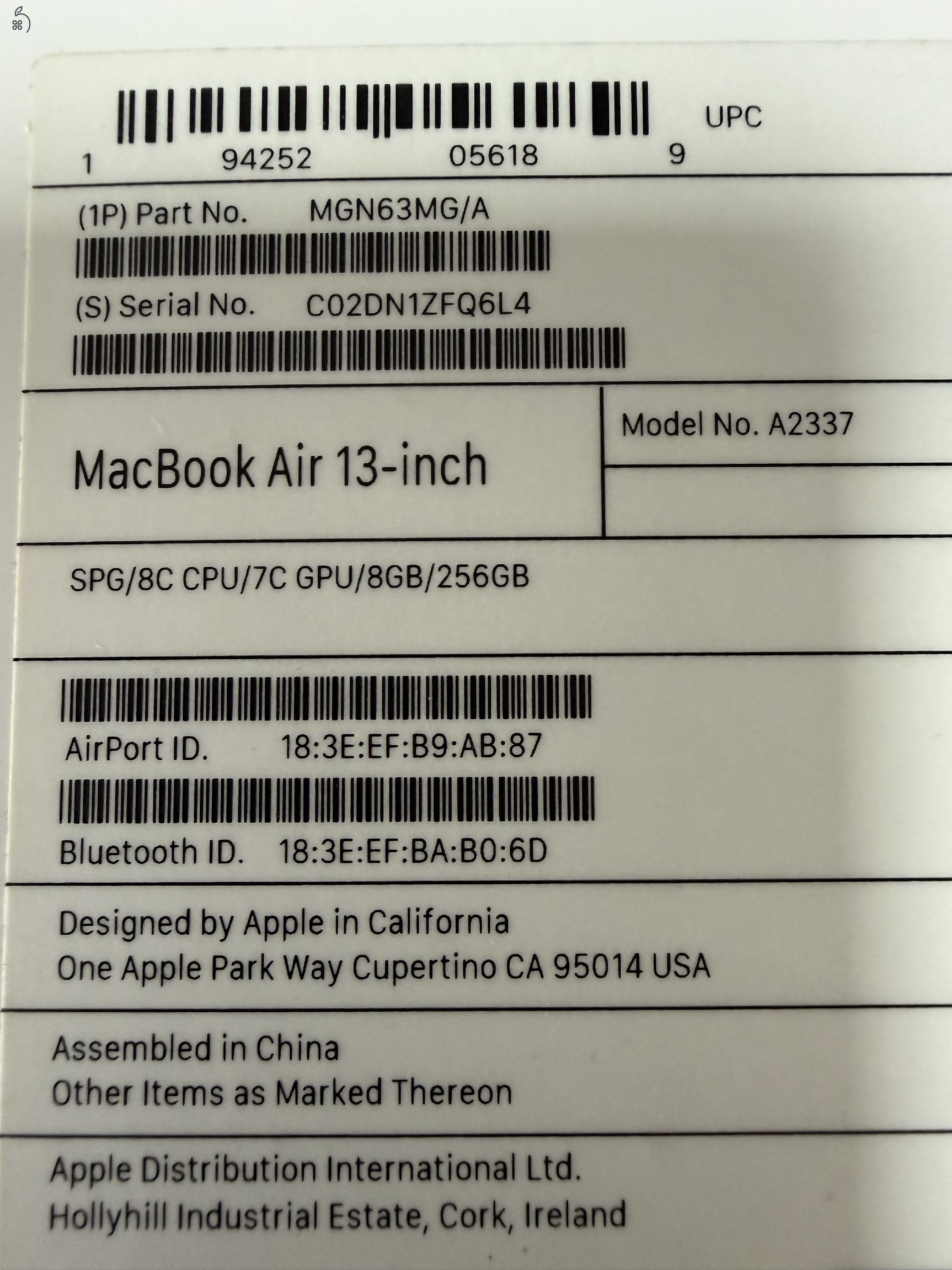 MacBook Air M1 2020 Space Grey 8GB/256GB hibátlan, sérülésmentes