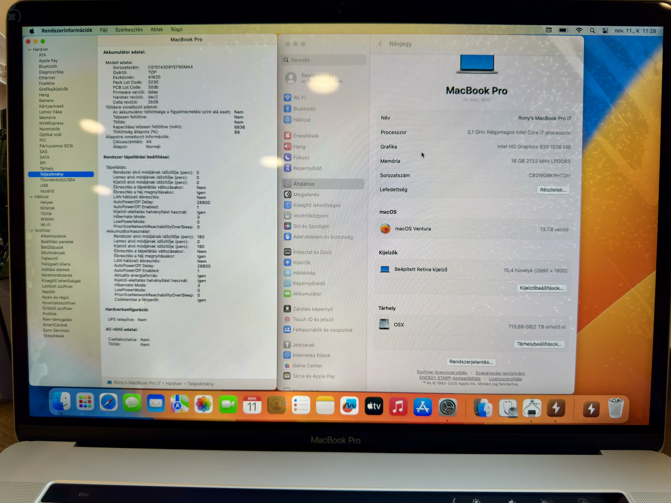 MacBook Pro 15 2017 i7 3.1 GHz 4-mag 16 GB RAM 2 TB SSD 44 ciklus 100% ciklus