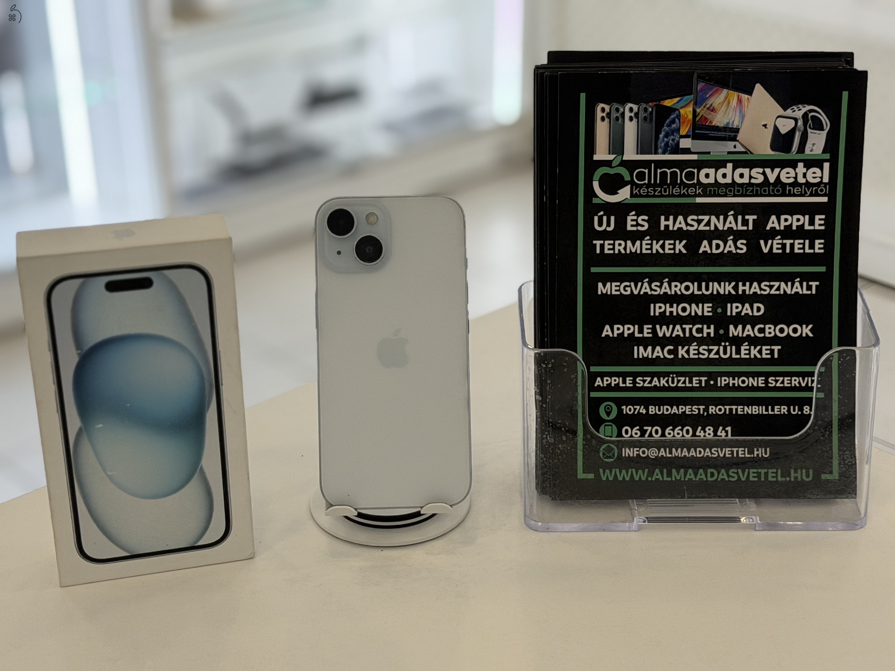 iPhone 15 128GB Kék Független Használt/1-3 hónap gar./Akku 83%/p4563