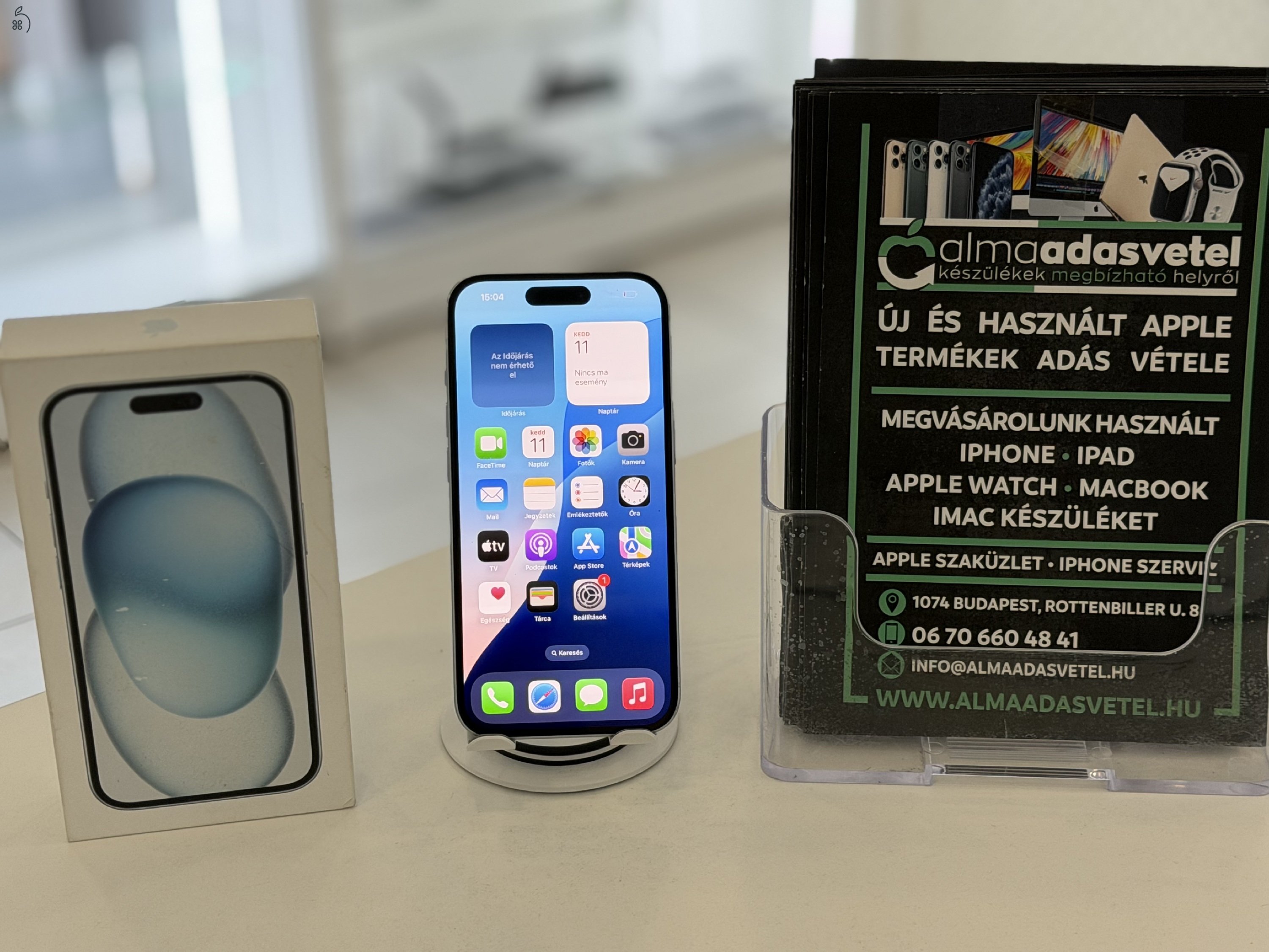 iPhone 15 128GB Kék Független Használt/1-3 hónap gar./Akku 83%/p4563