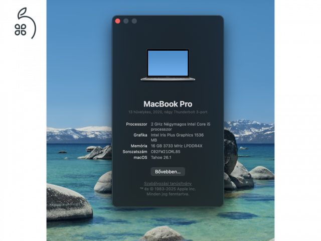 Apple MacBook Pro 13” 2020, i5 Quad-Core, 512GB SSD, 16GB, magyar billentyűzet, TouchBar, új akksi.
