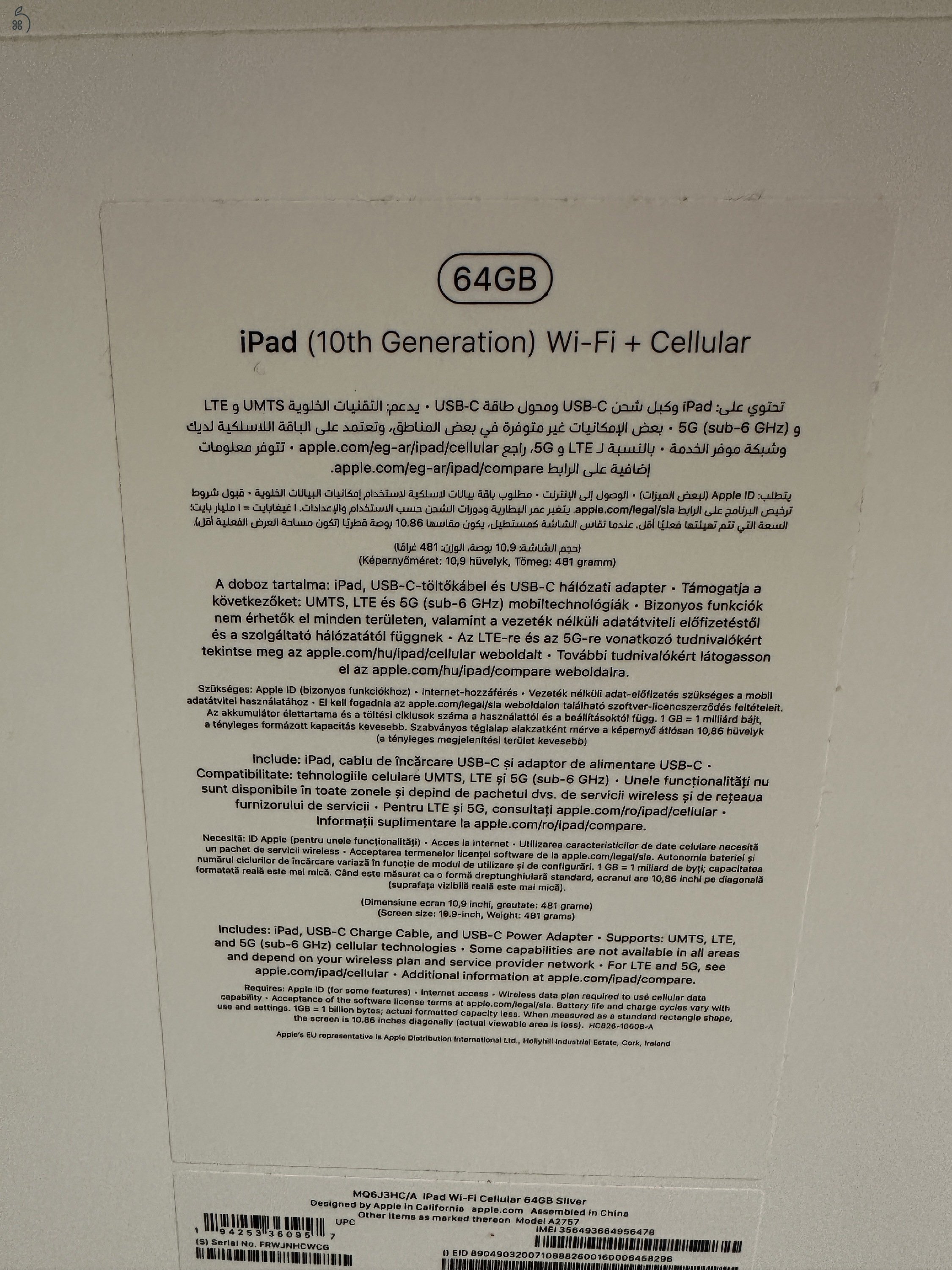 Apple iPad 10.generáció Wifi+Cellular 64 GB Ezüst