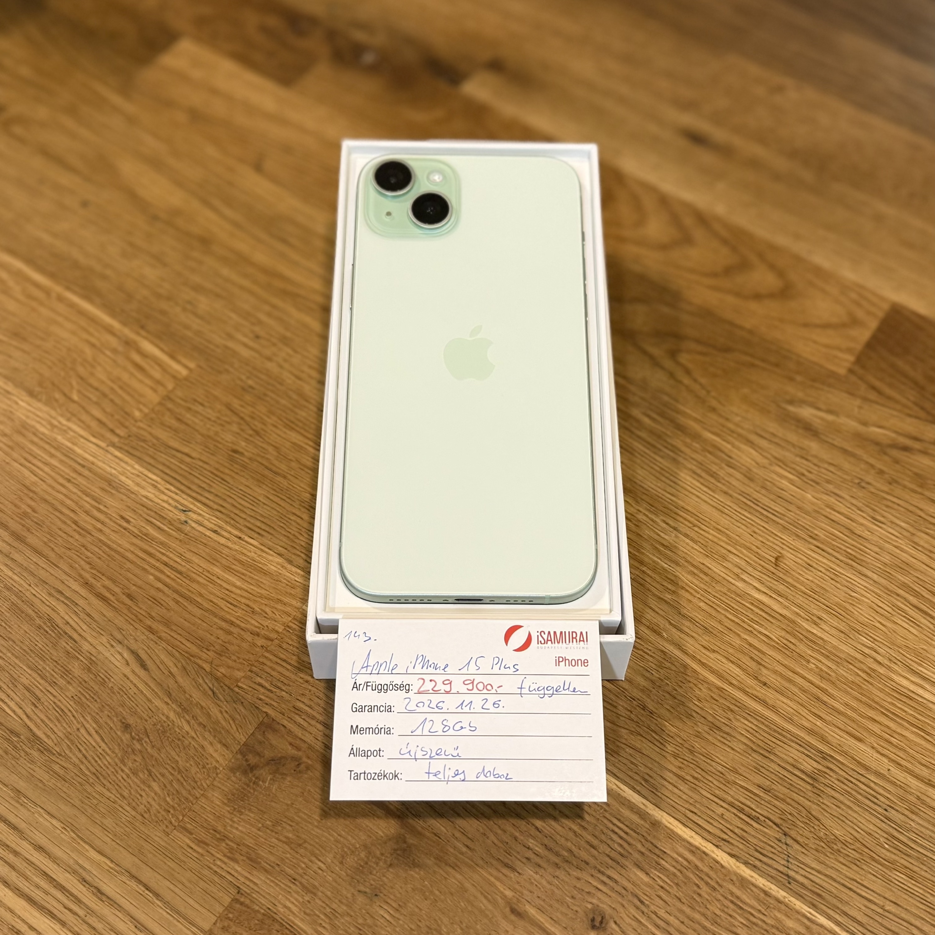 143. Apple iPhone 15 Plus - 128 GB - Zöld - Újszerű - Apple gar.