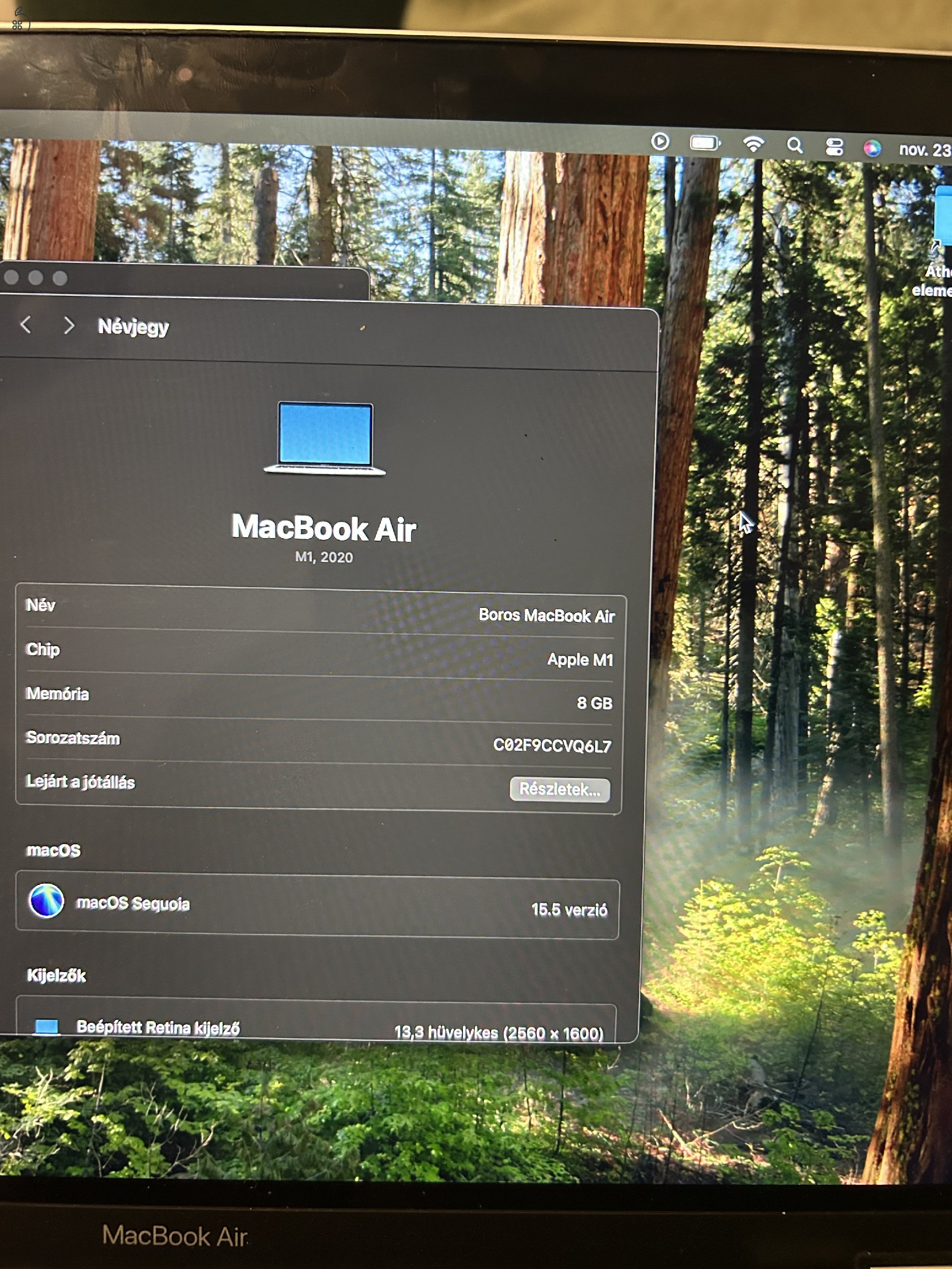 2020 M1 Macbook Air kitűnő 13”