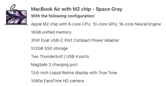 Macbook Air M2 13” M2 2022 10-core GPU 512GB SSD - Space Gray