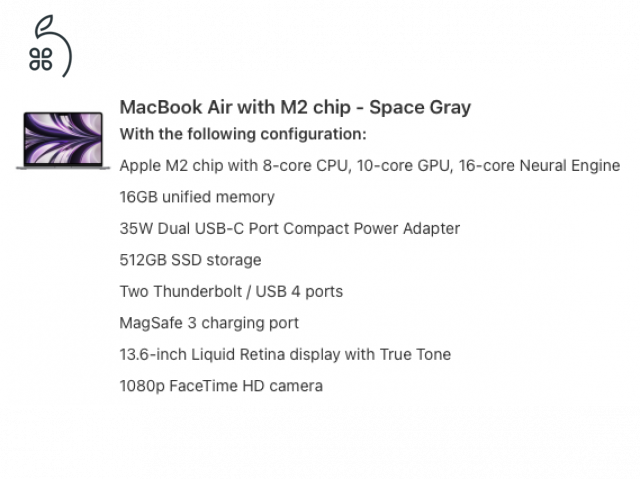 Macbook Air M2 13” M2 2022 10-core GPU 512GB SSD - Space Gray