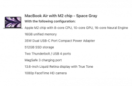 Macbook Air M2 13” M2 2022 10-core GPU 512GB SSD - Space Gray