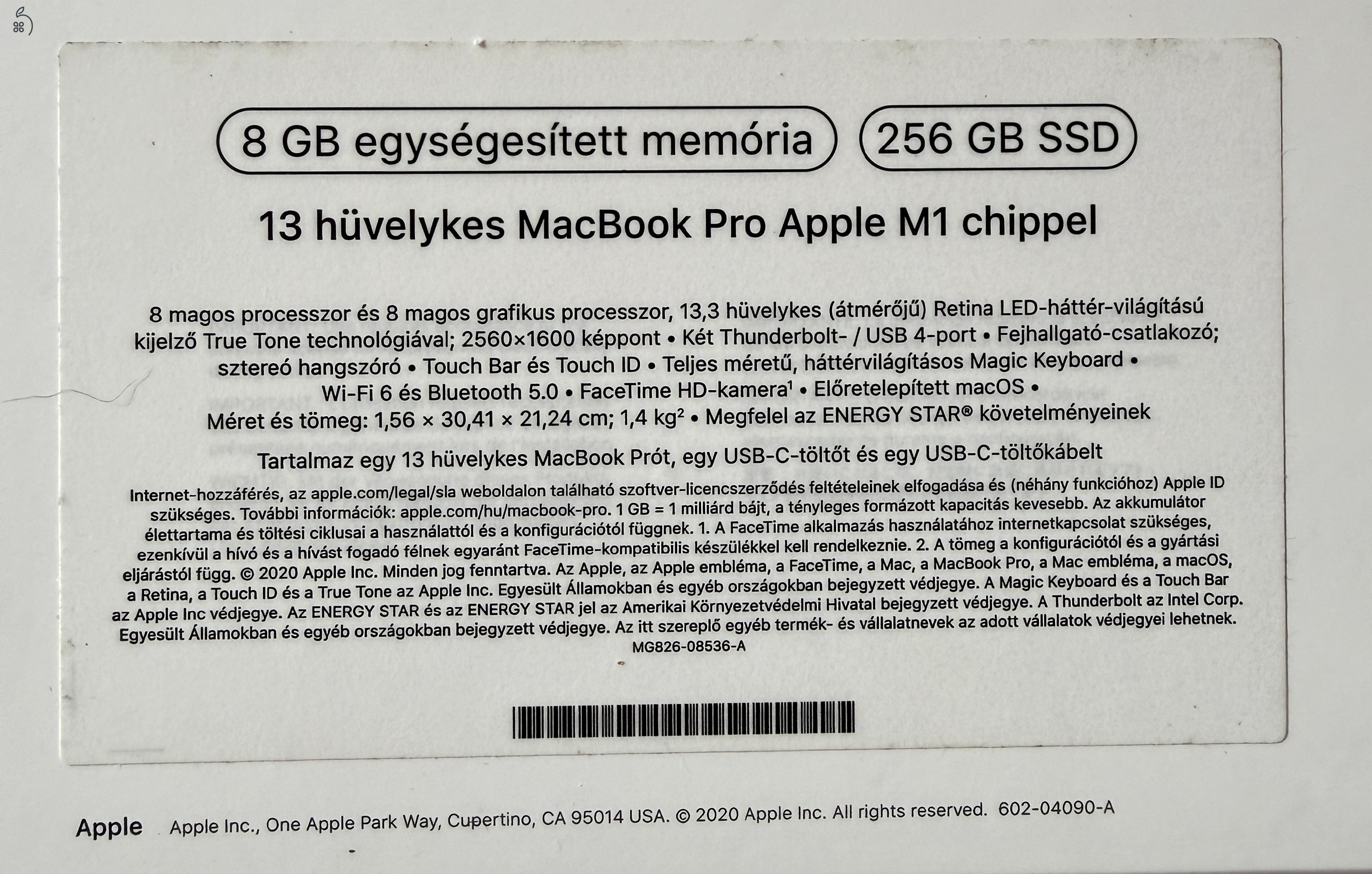 13” MacBook Pro (M1, 8GB / 256GB) – szép állapot, céges számlával, 27% ÁFÁ-val!
