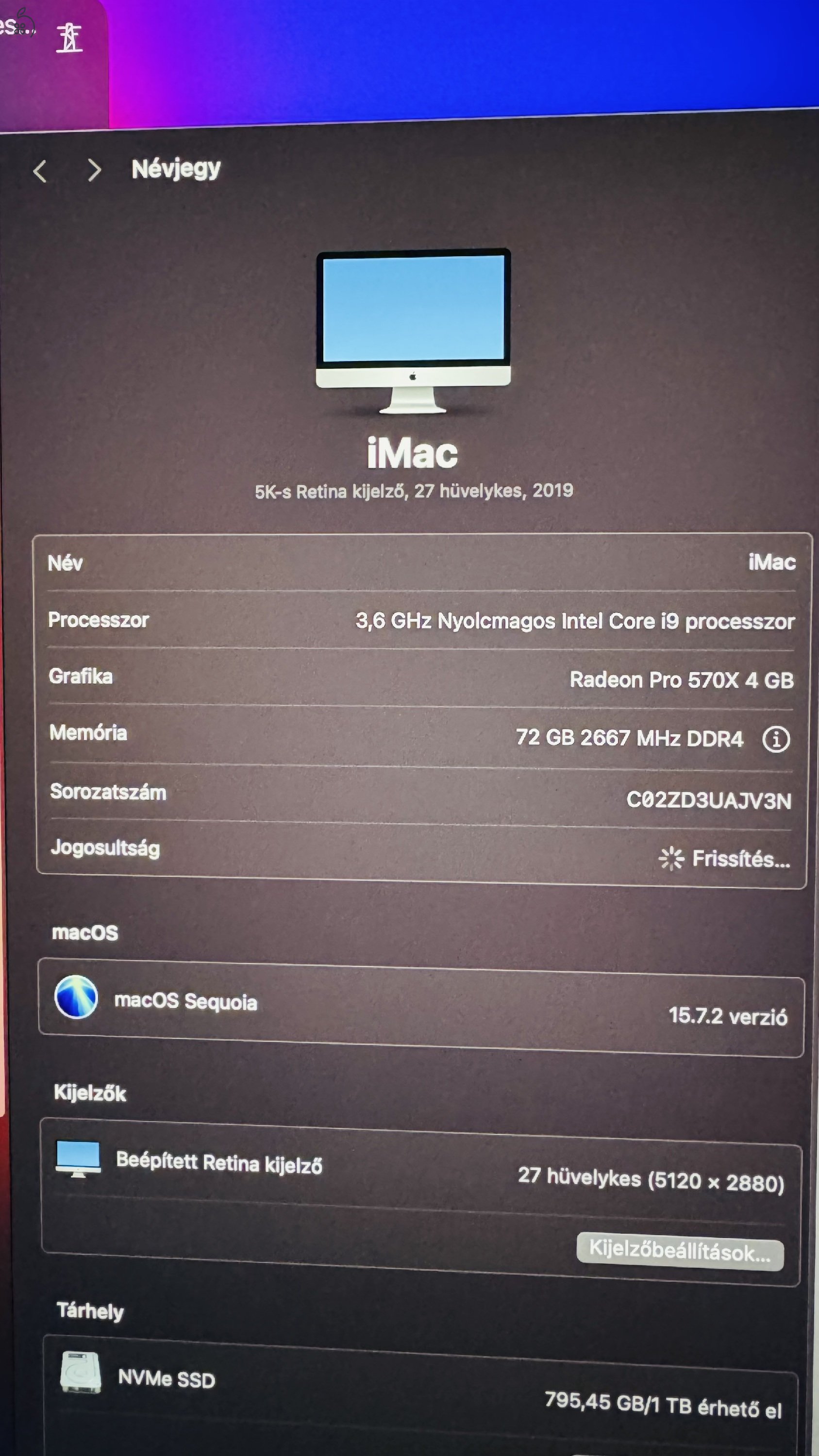 iMac 2019 i9-9900k 72gb ram 1Tb Nvme