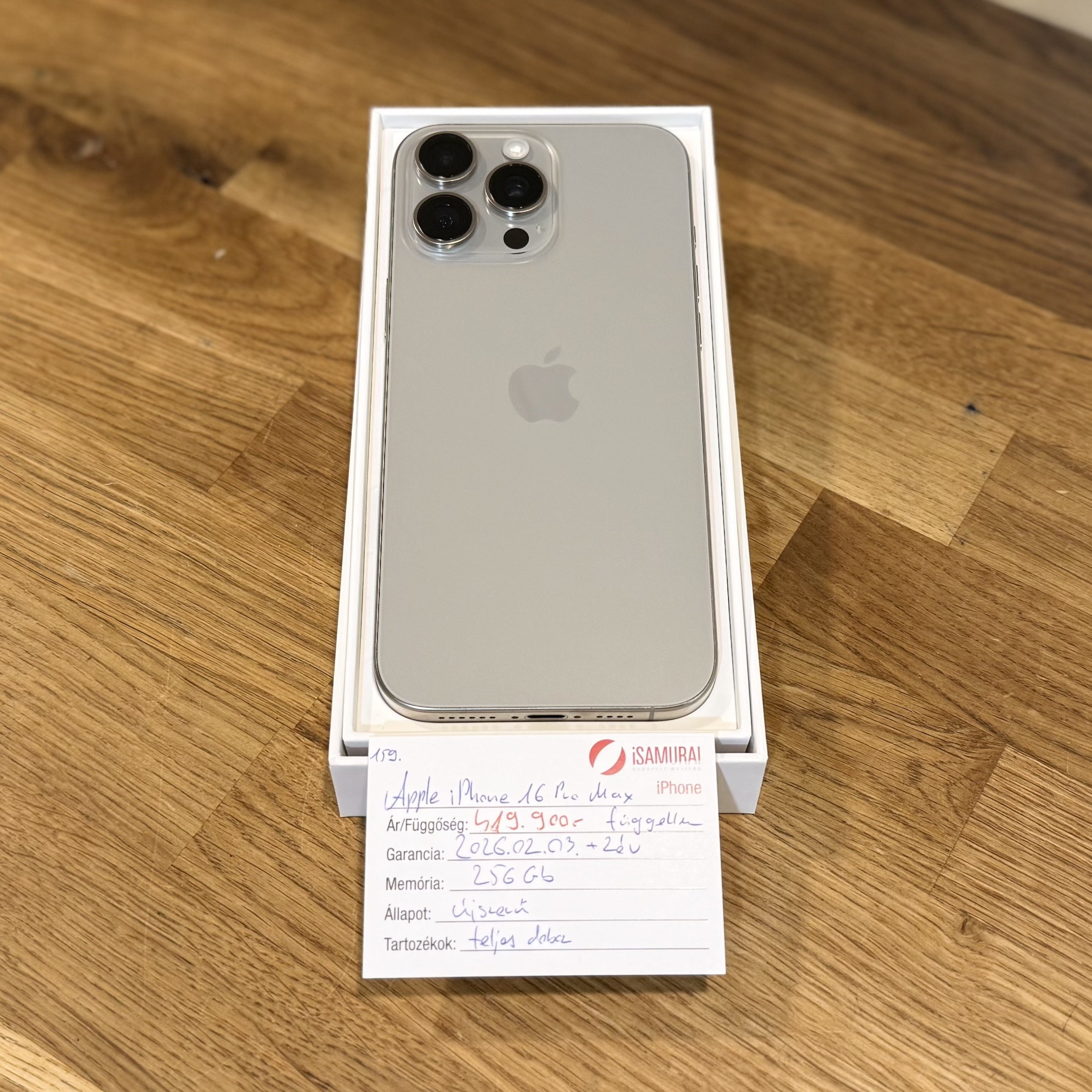 159. Apple iPhone 16 Pro Max - 256 GB - Natur Titán - Újszerű - 2028.02.03.