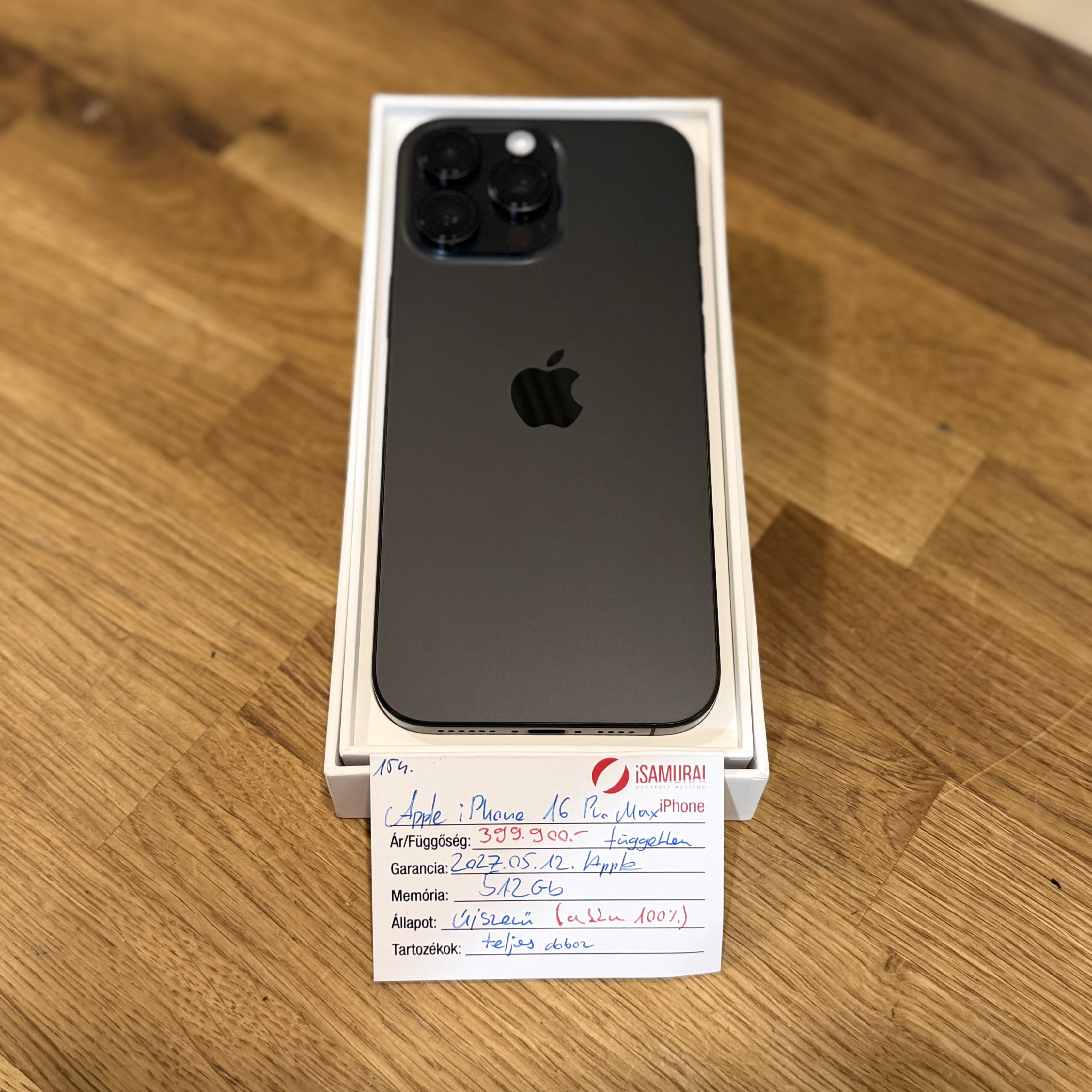 Apple iPhone 16 Pro Max - 512GB - Fekete Titán - Akku 100% - 2027.05.12. Apple (154.)