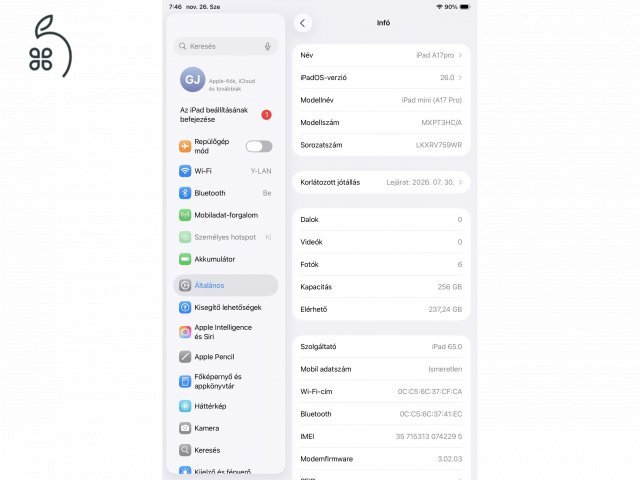 Alig használt ipad mini A17 pro (7th gen) Cellular 256 Gb Astrogrey